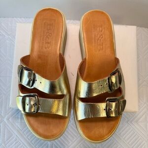 B&B Greek Leather Gold Double Buckle Slide Sandals Size 38